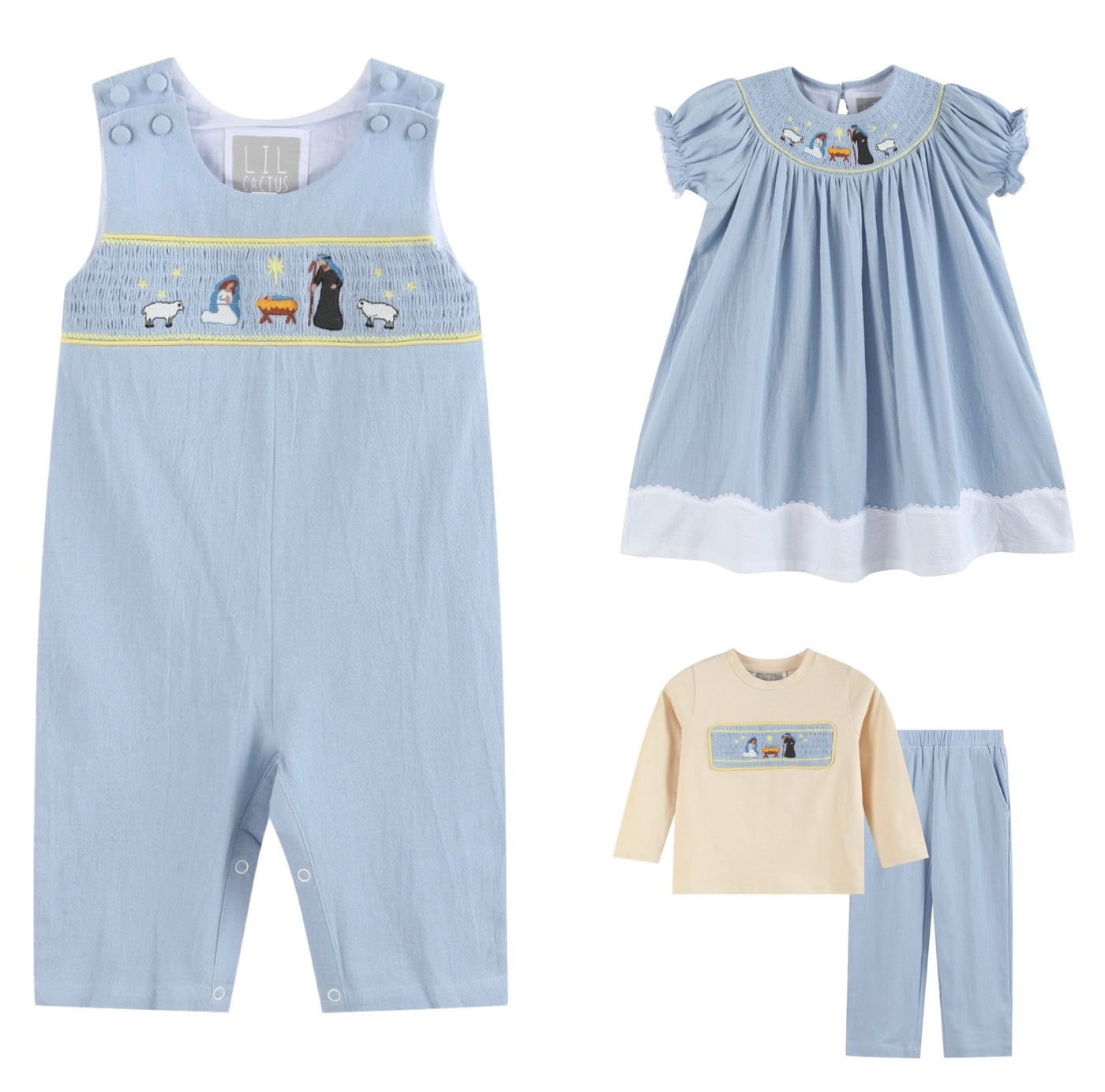 Light Blue Nativity Smocked Sibling Set