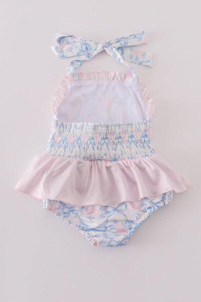 Blue bow tie print smocked girl swimsuit