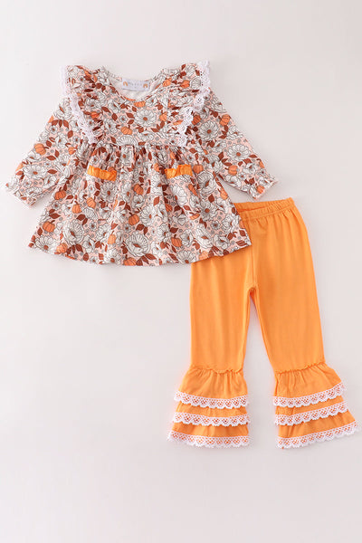 Pumpkin floral print lace ruffle set