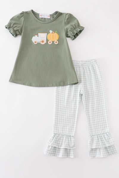 Green train pumpkin applique girl set