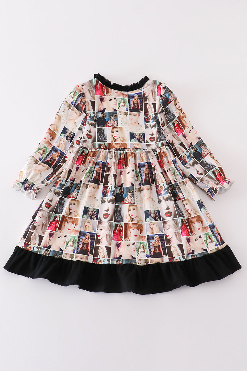 Black music fan print girl gown