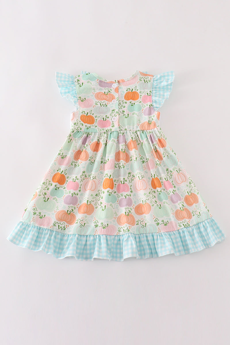 Blue pumpkin embroidery ruffle dress