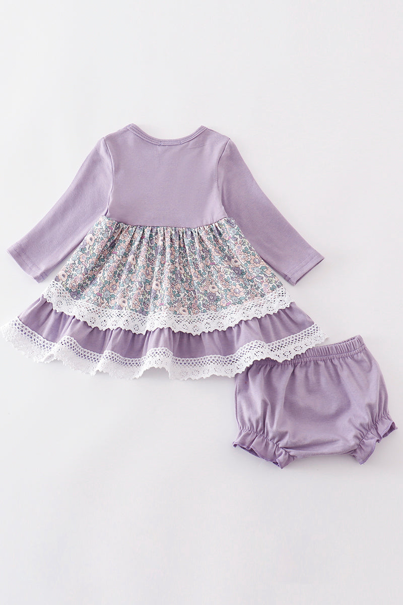 Purple floral print baby set