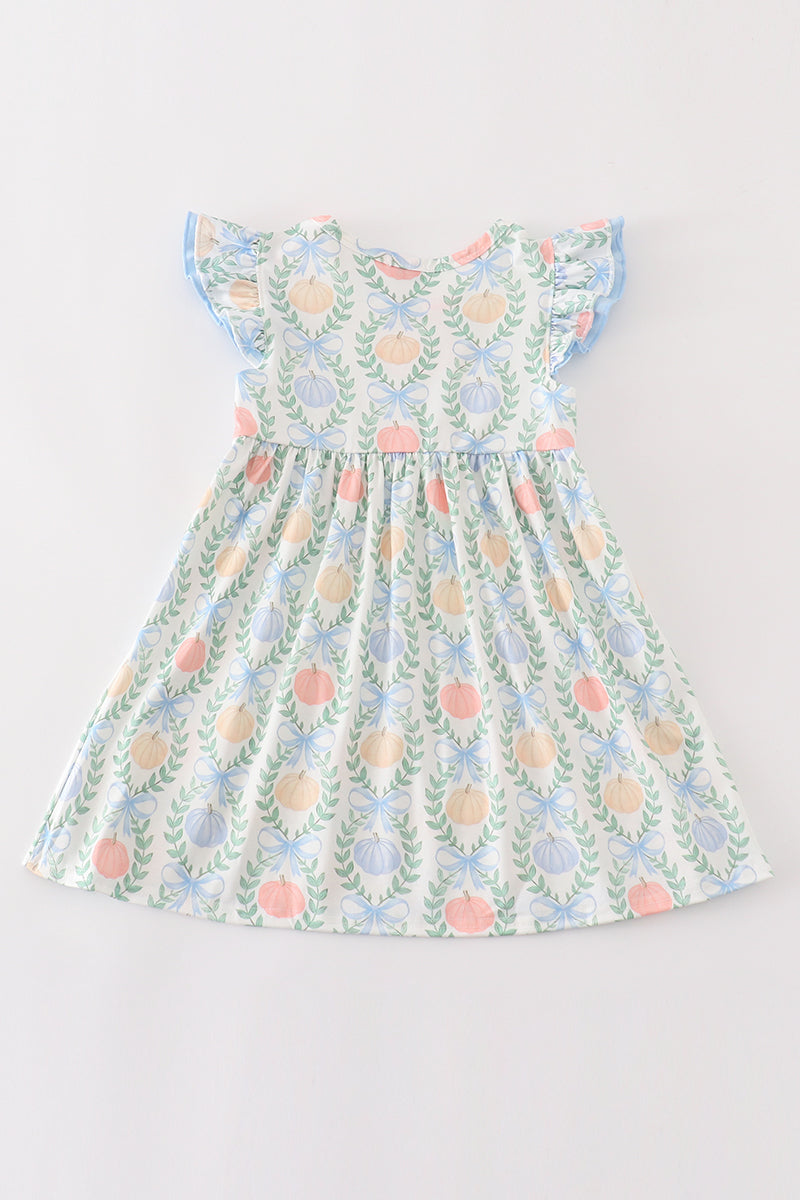 Blue pumpkin embroidery ruffle dress