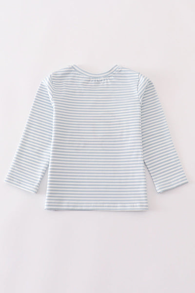 Blue stripe muck car applique boy top