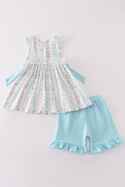 Blue floral print ruffle girl set