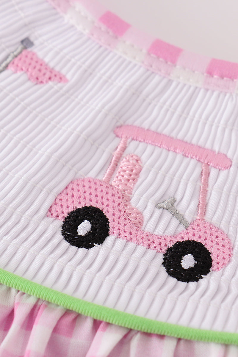 Pink golf embroidery gingham girl dress