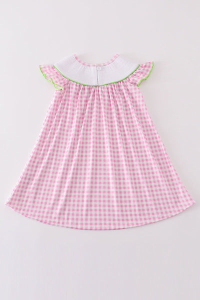 Pink golf embroidery gingham girl dress