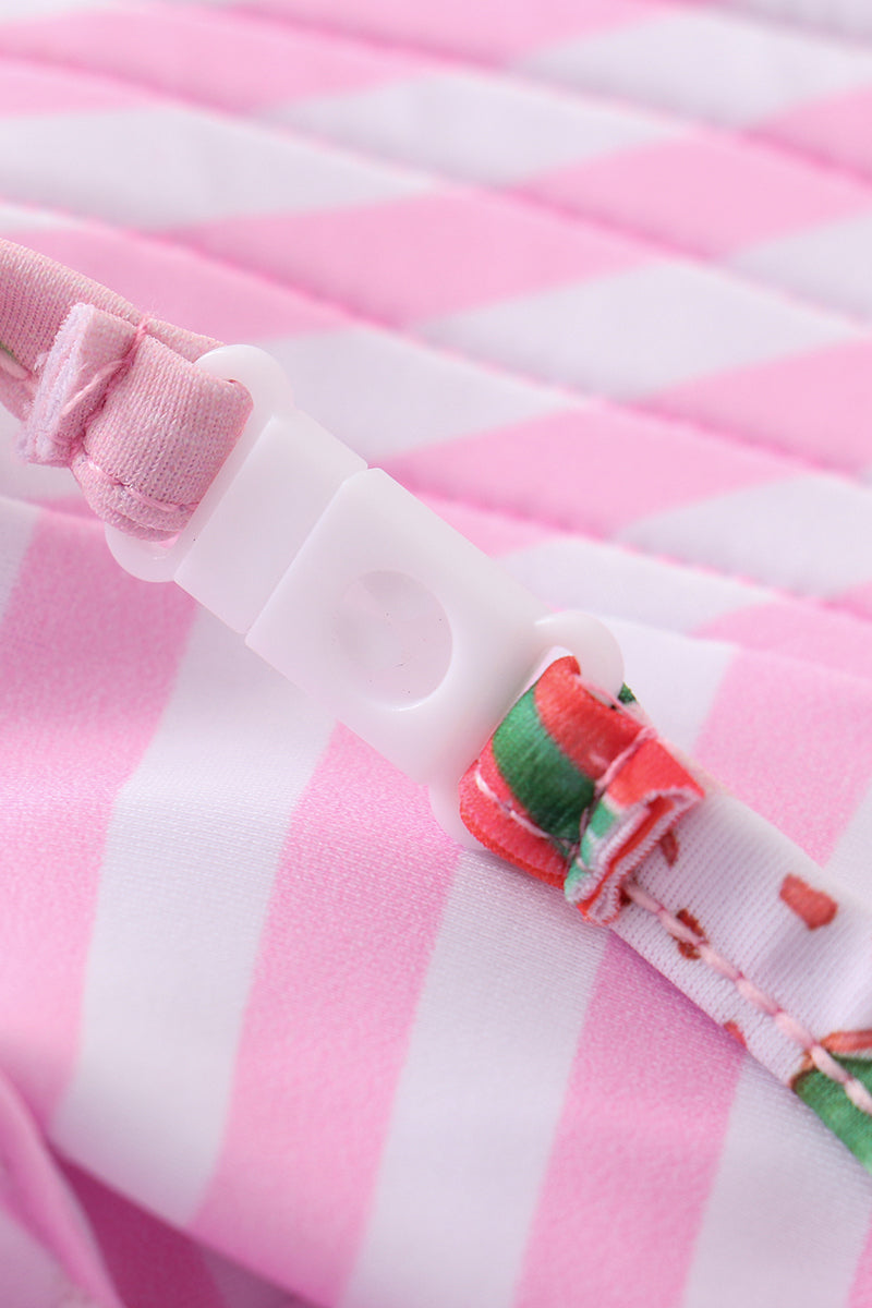 White & pink stripe strawberry print sun hat