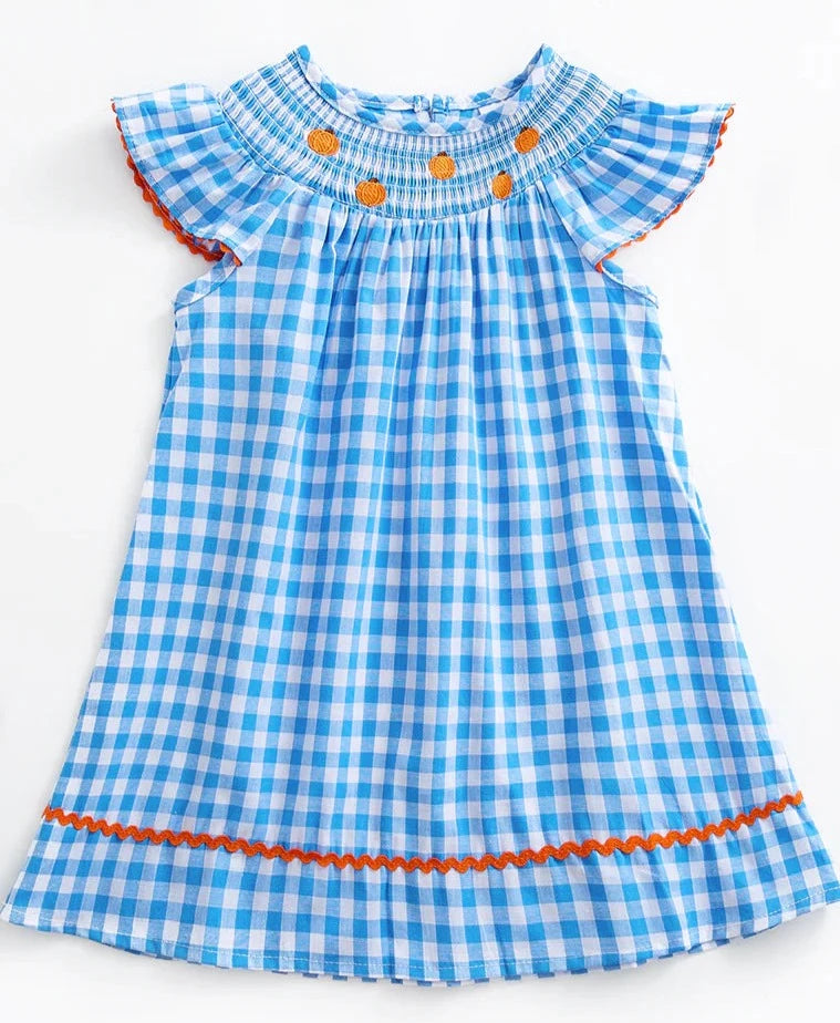 Blue Check Pumpkin Smocked Sister Set