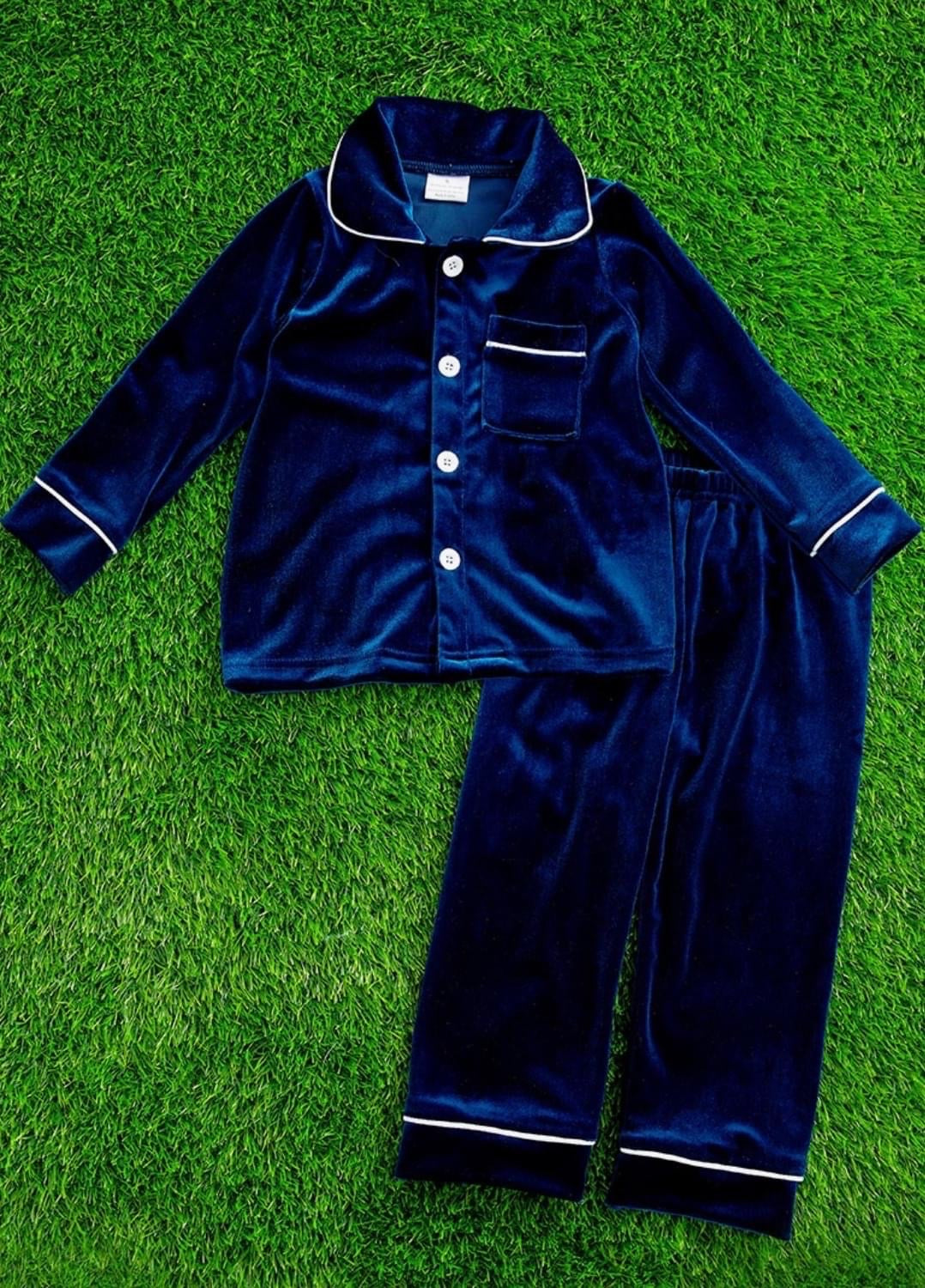 Blue Velvet Button Down Pajama Set