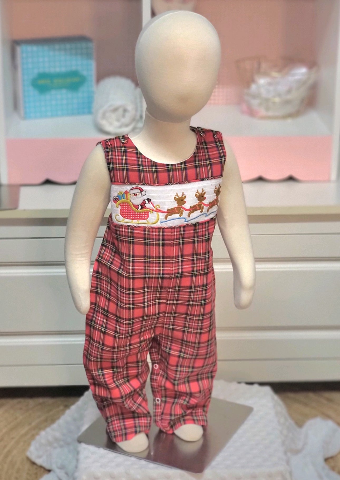 Santa & Reindeer Plaid Smocked Jon Jon