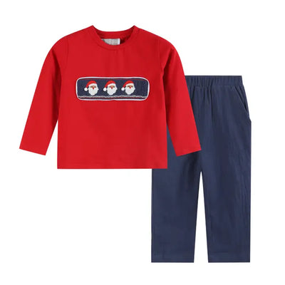 Navy Red Santa Smocked Sibling Set