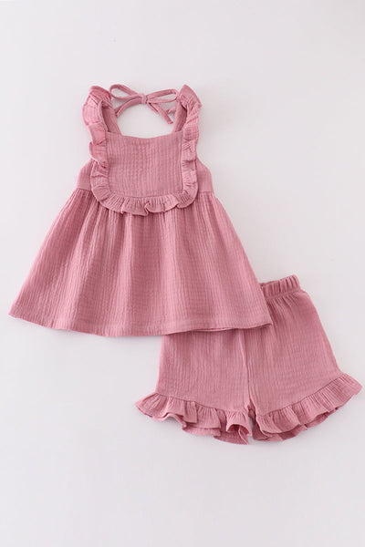 Premium Purple muslin ruffle shorts set