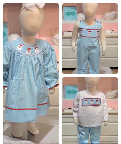 Light Blue Santa Trio Smock Sibling Set