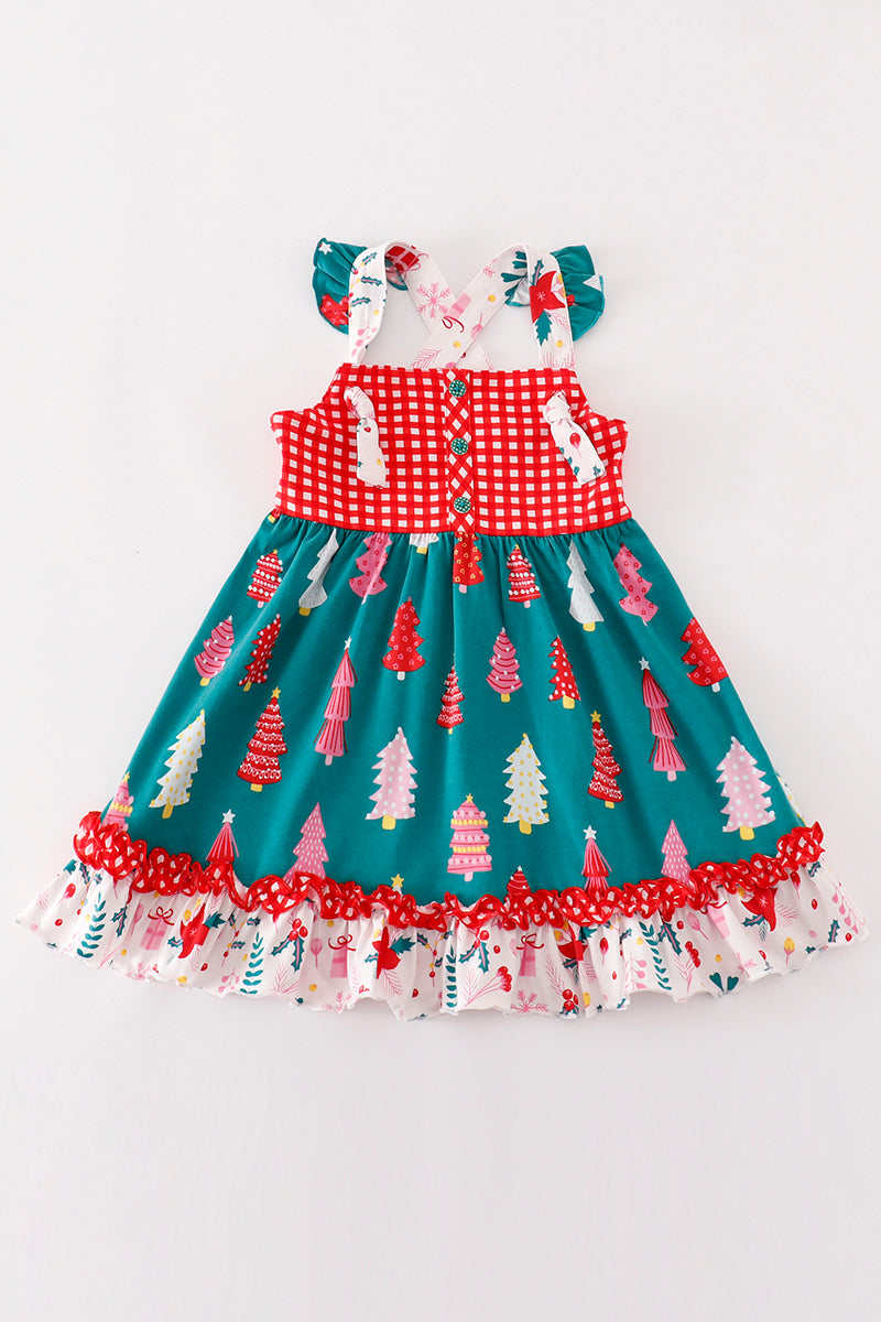 Platinum Red christmas tree plaid ruffle dress