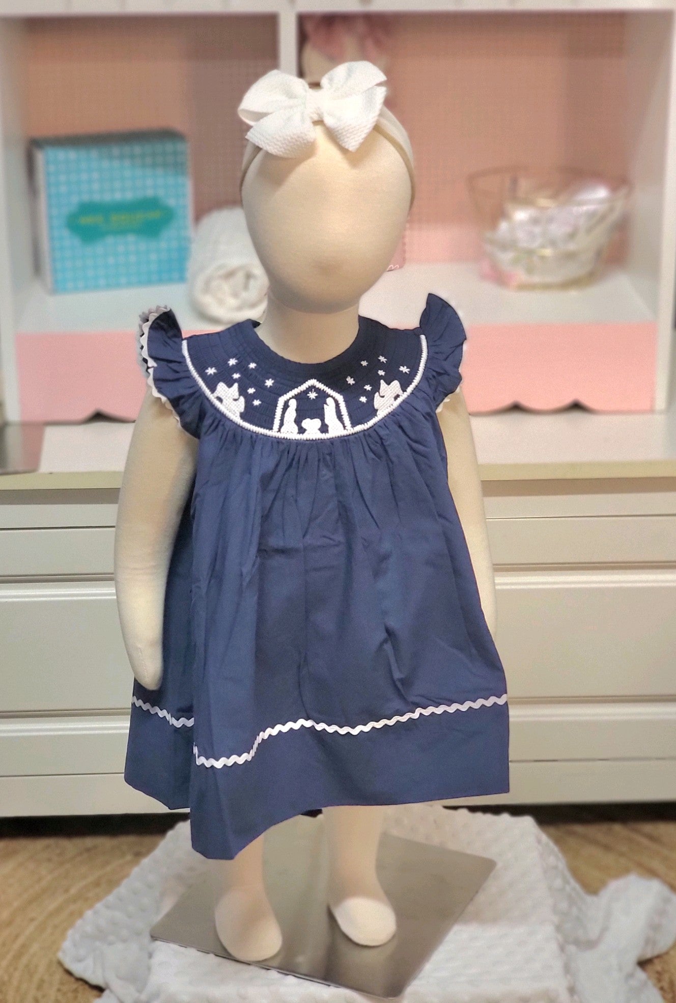 Navy w/ Navy Nativity Smocked Dress