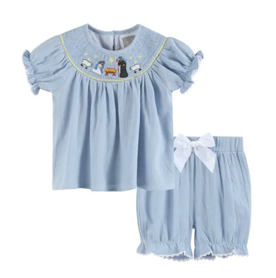 Light Blue Nativity Smocked Sibling Set