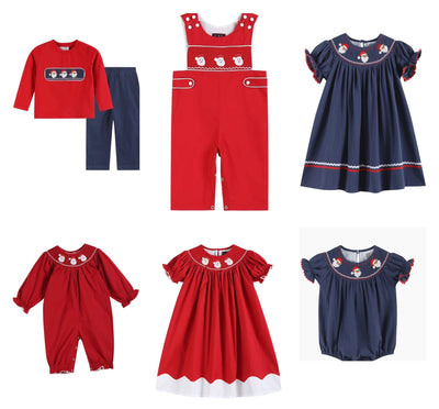 Navy Red Santa Smocked Sibling Set