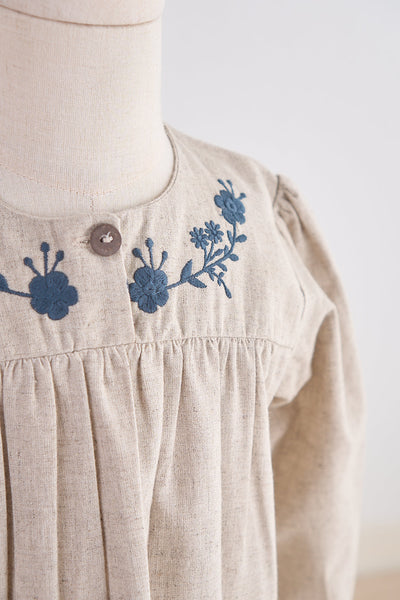 Gray floral embroidery linen girl dress