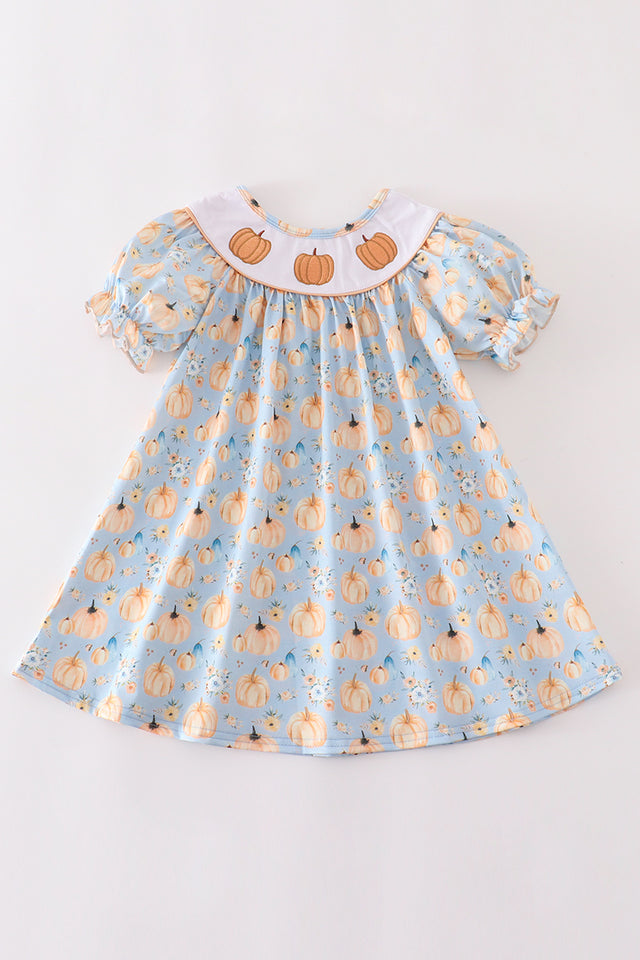 Blue Orange Pumpkin Print Embroidered Dress