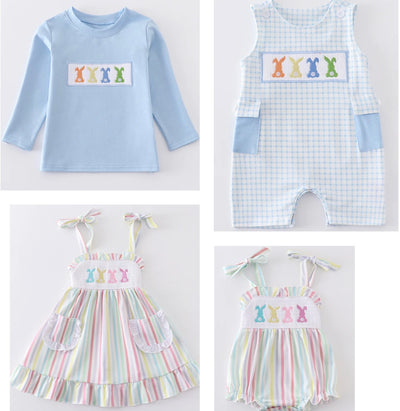 Multicolor Smocked Bunny - Sibling Set