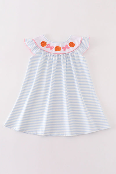 Blue stripe pumpkin french knot dress