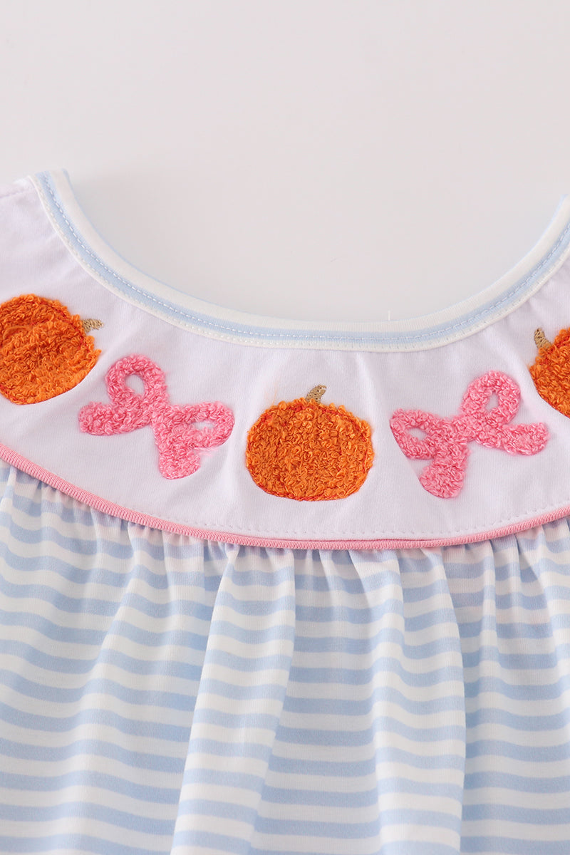 Blue stripe pumpkin french knot dress