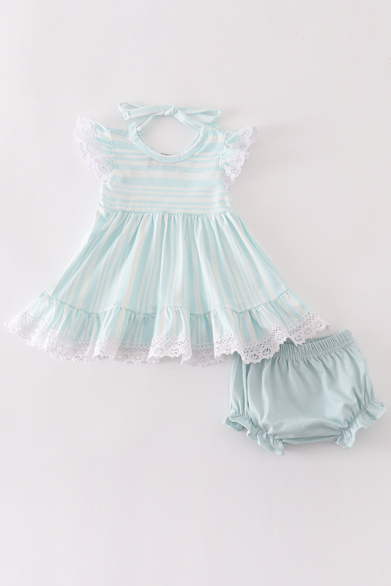 Blue stripe ruffle baby bloomer set