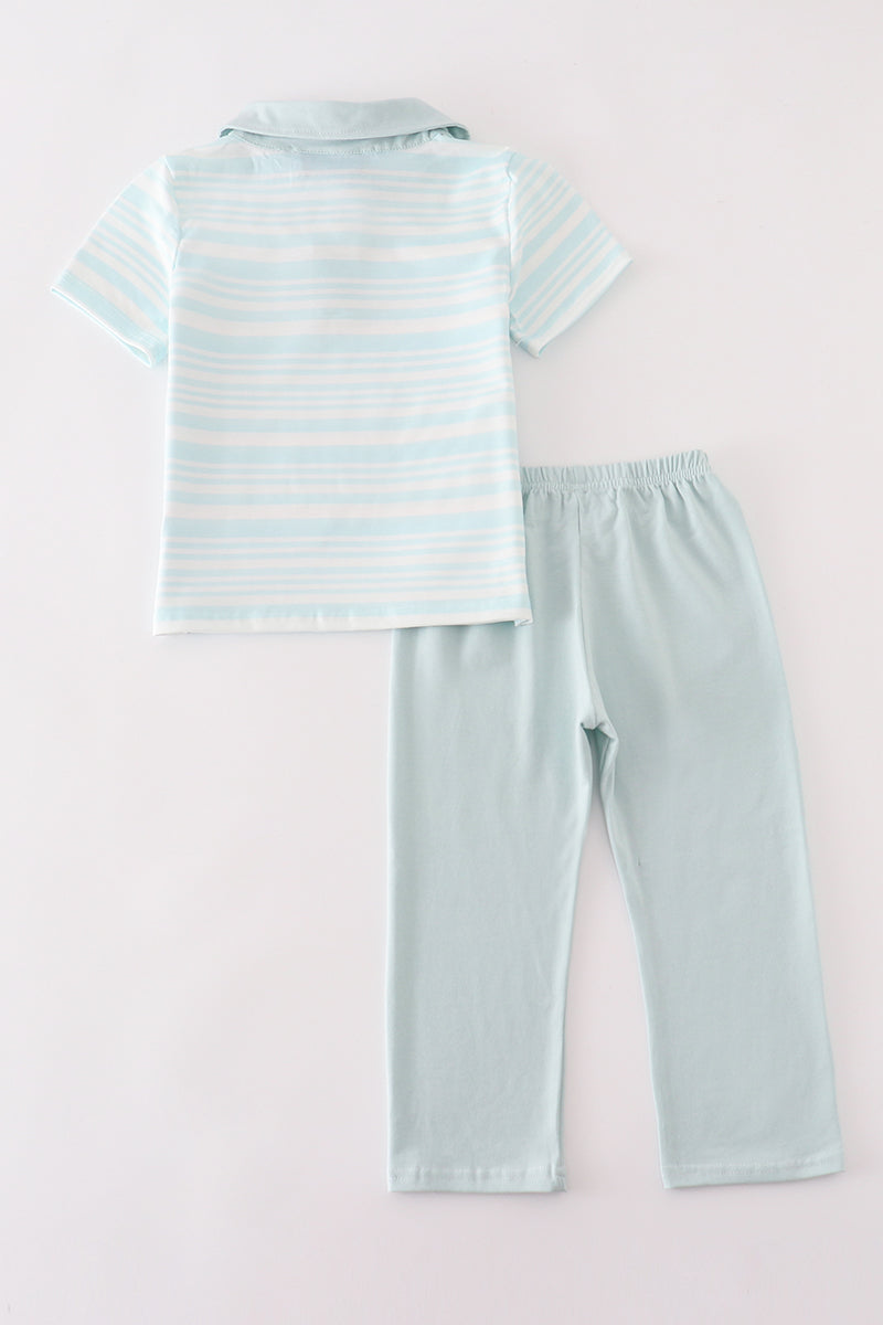 Blue stripe ruffle boy pants set