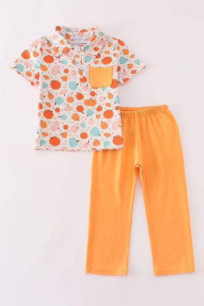 Orange pumpkin print boy set