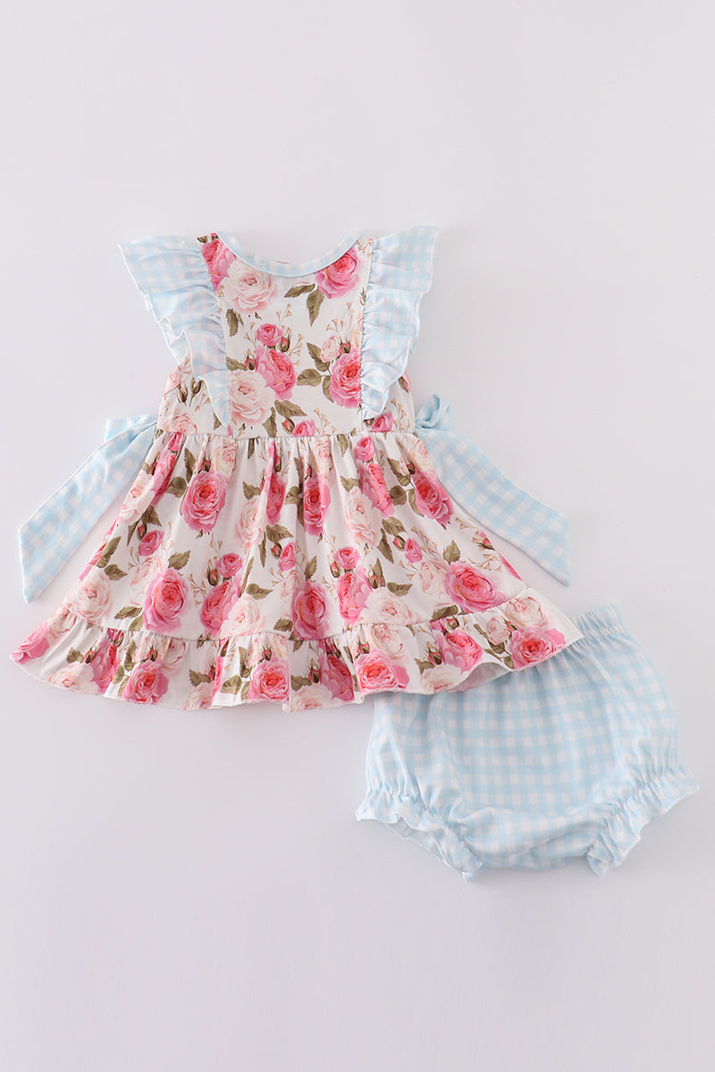 Pink floral print ruffle girl bloomer set