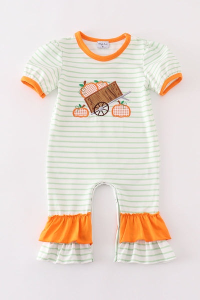 Orange wheelbarrow pumpkin applique stripe girl romper