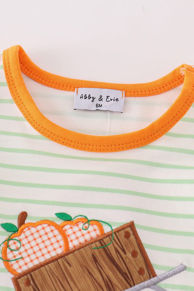 Orange wheelbarrow pumpkin applique stripe girl romper