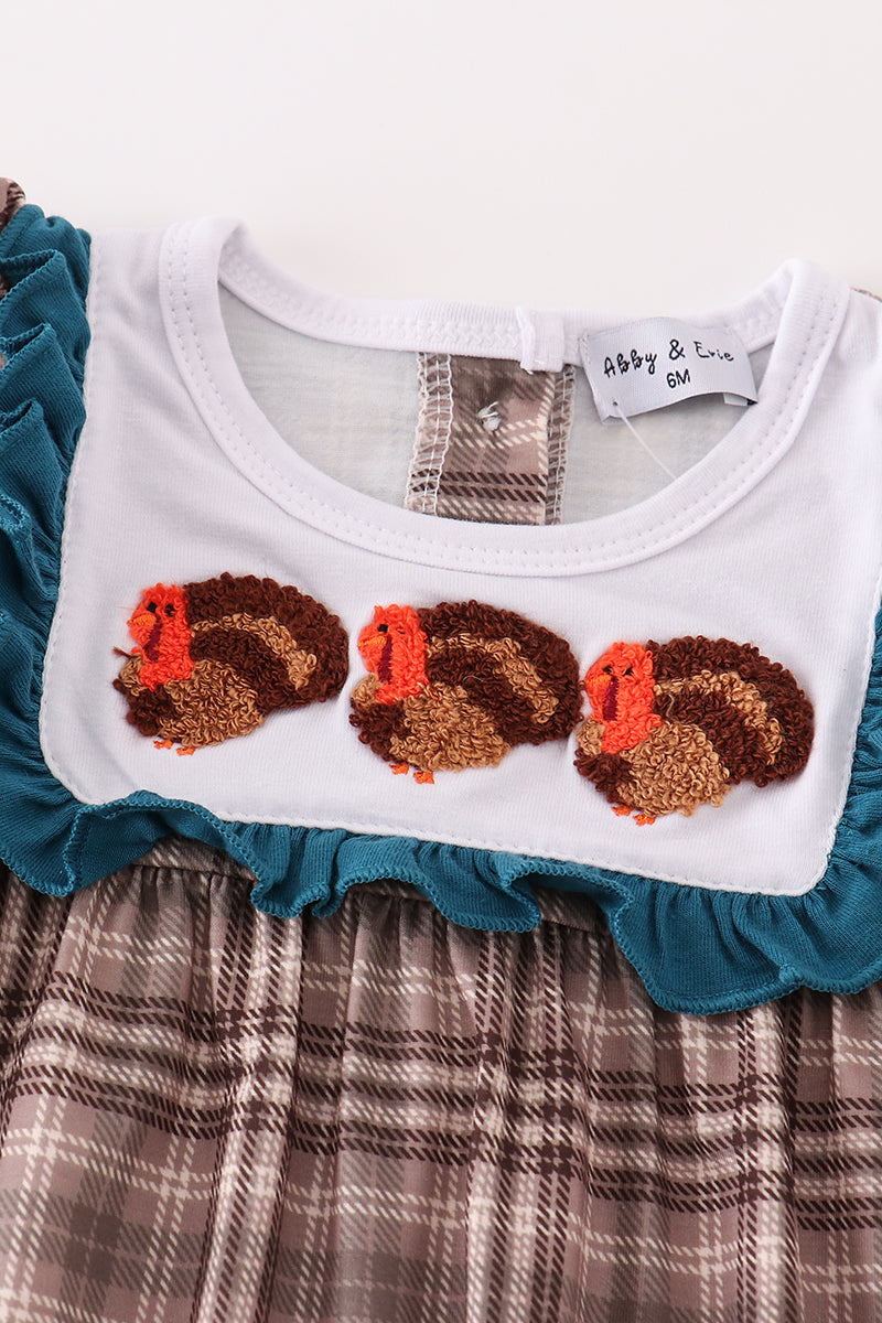 Brown plaid turkey french knot girl romper