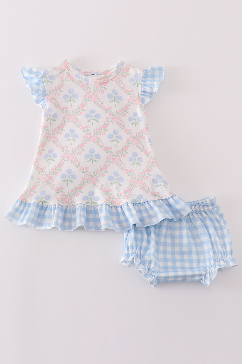 Blue hydrangea print girl bloomer set