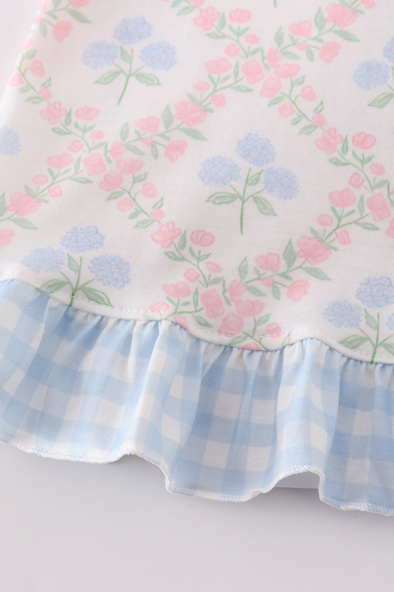 Blue hydrangea print girl bloomer set