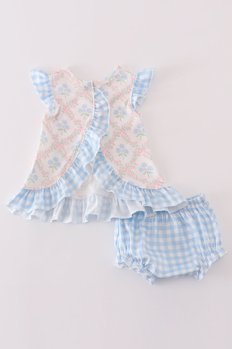 Blue hydrangea print girl bloomer set