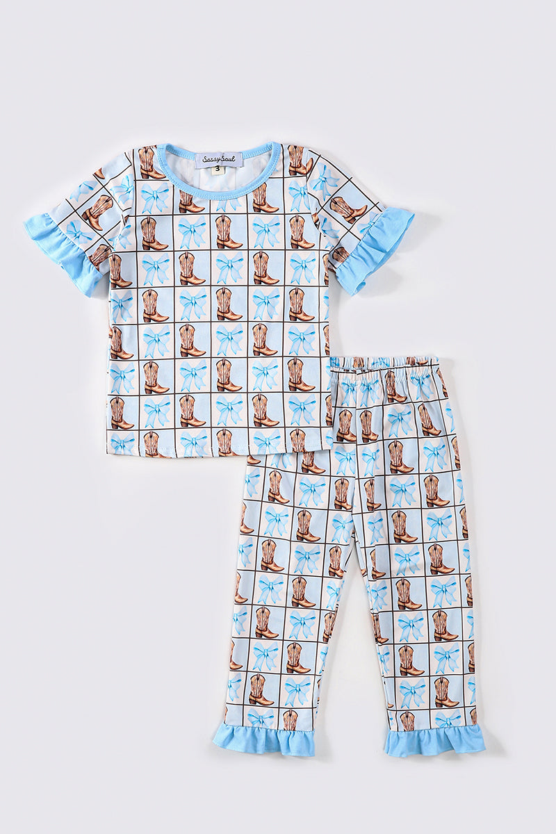 Blue boots print girl pajamas set