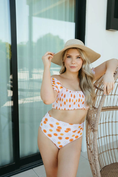 Orange floral print smocked bikini 2pc women swimsuit