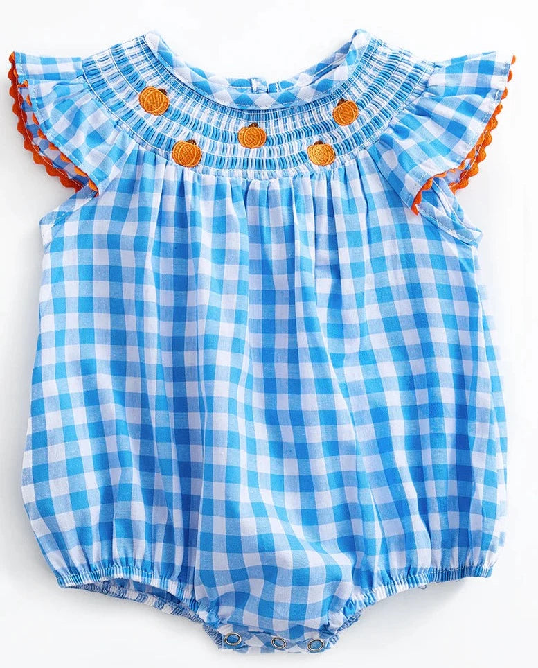 Blue Check Pumpkin Smocked Sister Set